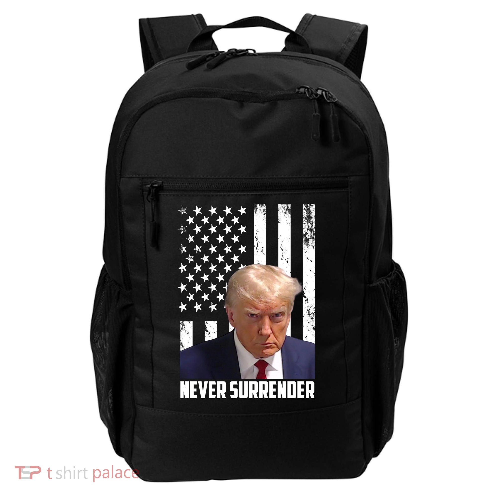 Never Surrender Donald Trump American Flag Mugshot Backpack