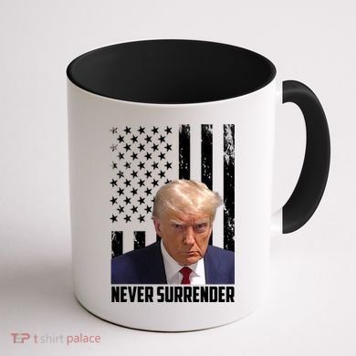 Never Surrender Donald Trump American Flag Mugshot Coffee Mug back