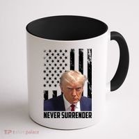 Never Surrender Donald Trump American Flag Mugshot Coffee Mug thumb 1