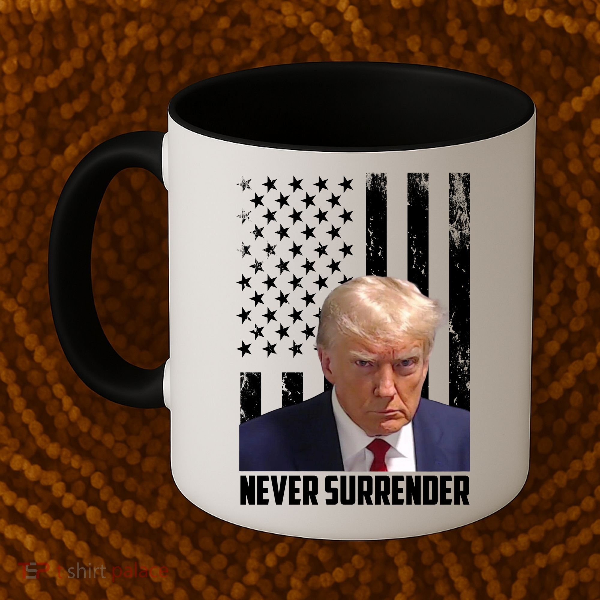 Never Surrender Donald Trump American Flag Mugshot Coffee Mug