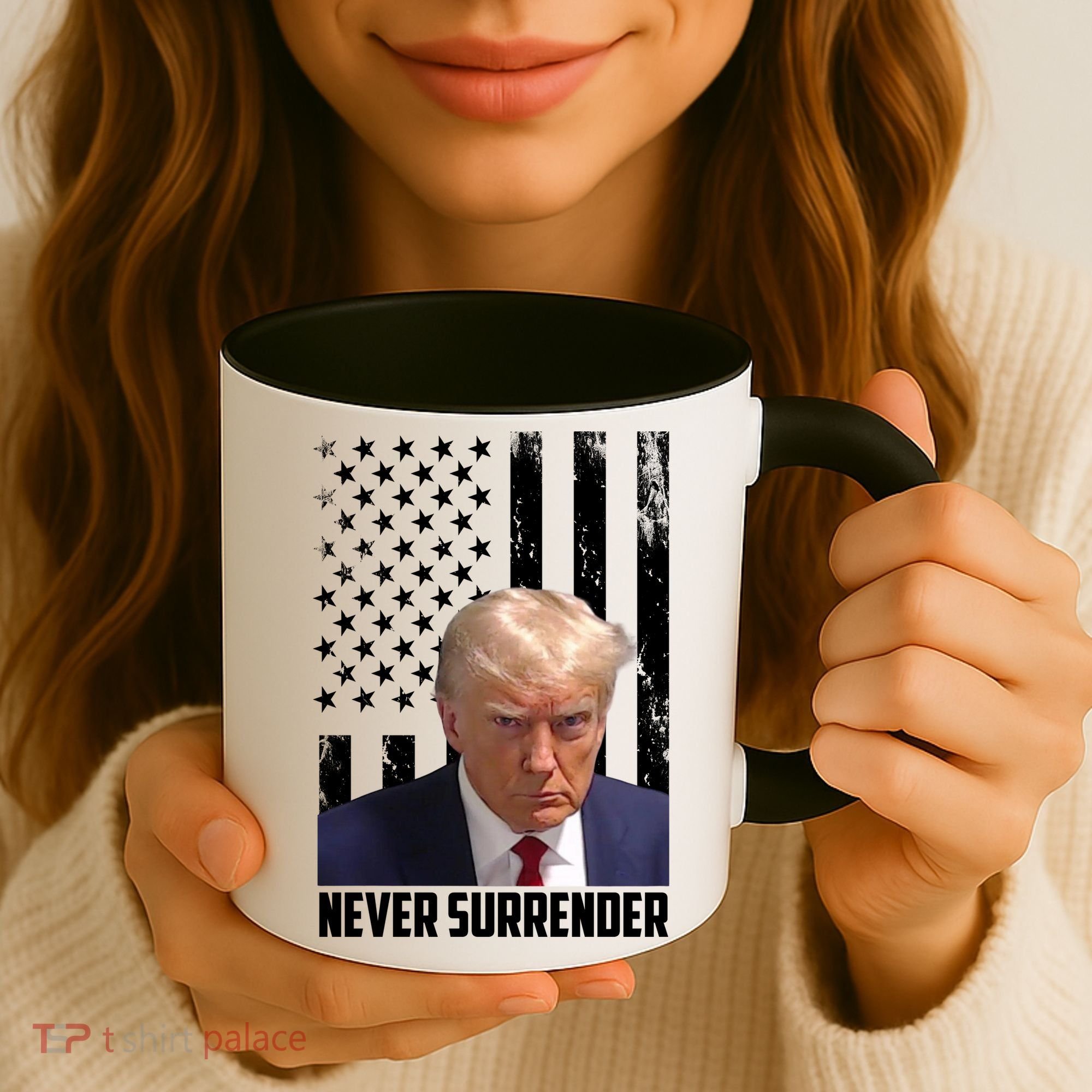 Never Surrender Donald Trump American Flag Mugshot Coffee Mug
