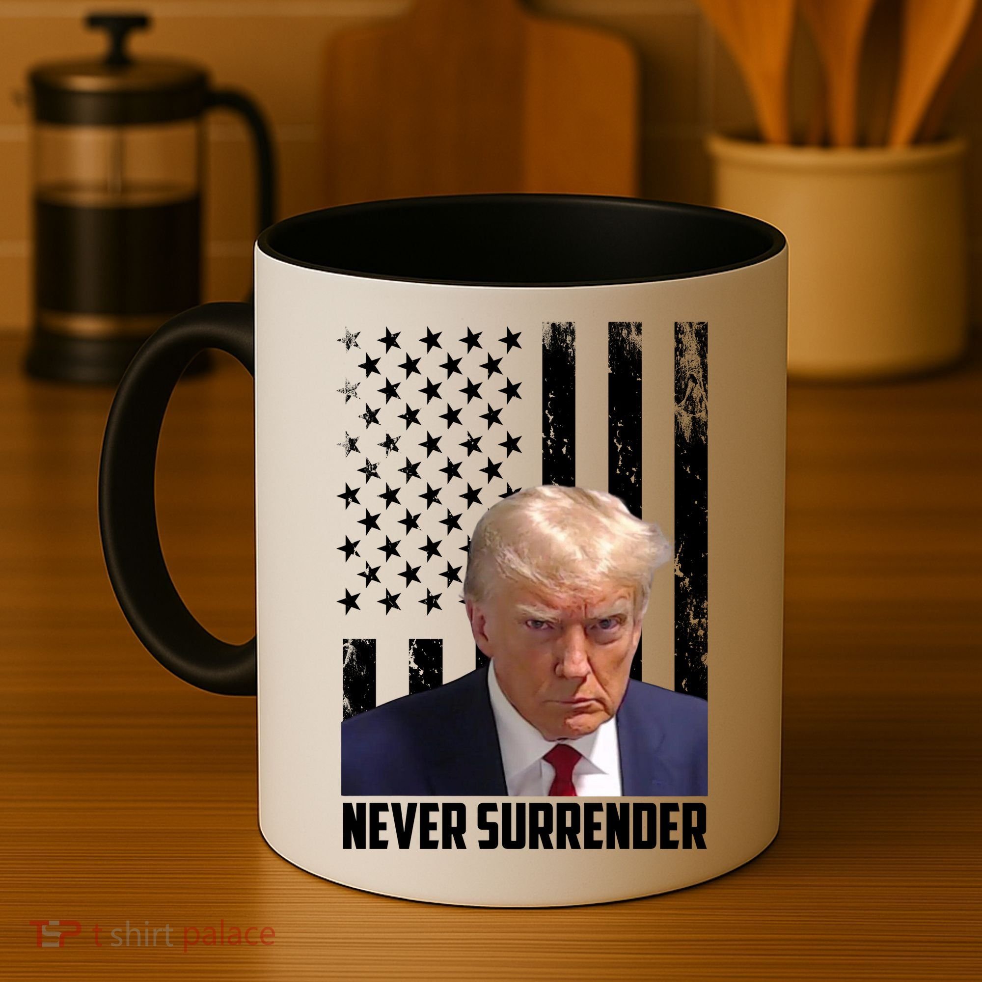 Never Surrender Donald Trump American Flag Mugshot Coffee Mug