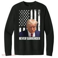 Never Surrender Donald Trump American Flag Mugshot V.I.T. Fleece Crew Sweatshirt thumb 0