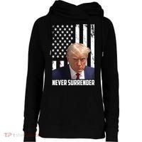 Never Surrender Donald Trump American Flag Mugshot Womens Funnel Neck Pullover Hood thumb 0