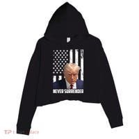 Never Surrender Donald Trump American Flag Mugshot Crop Fleece Hoodie thumb 0
