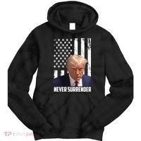 Never Surrender Donald Trump American Flag Mugshot Tie Dye Hoodie thumb 0