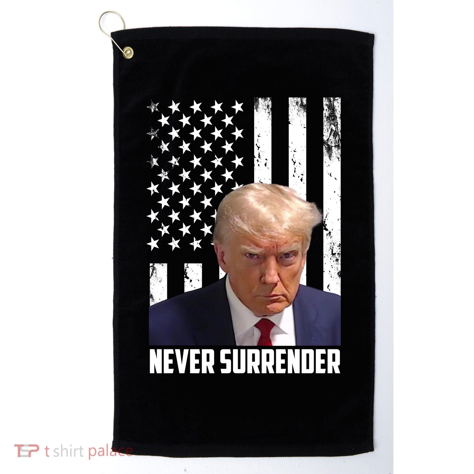 Never Surrender Donald Trump American Flag Mugshot Golf Towel