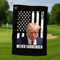 Never Surrender Donald Trump American Flag Mugshot Golf Towel thumb 1