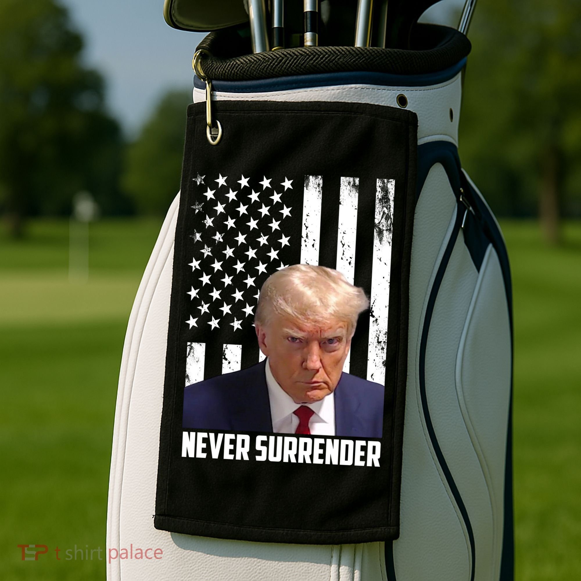 Never Surrender Donald Trump American Flag Mugshot Golf Towel