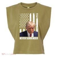 Never Surrender Donald Trump American Flag Mugshot Garment-Dyed Women's Muscle Tee thumb 0