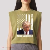 Never Surrender Donald Trump American Flag Mugshot Garment-Dyed Women's Muscle Tee thumb 2
