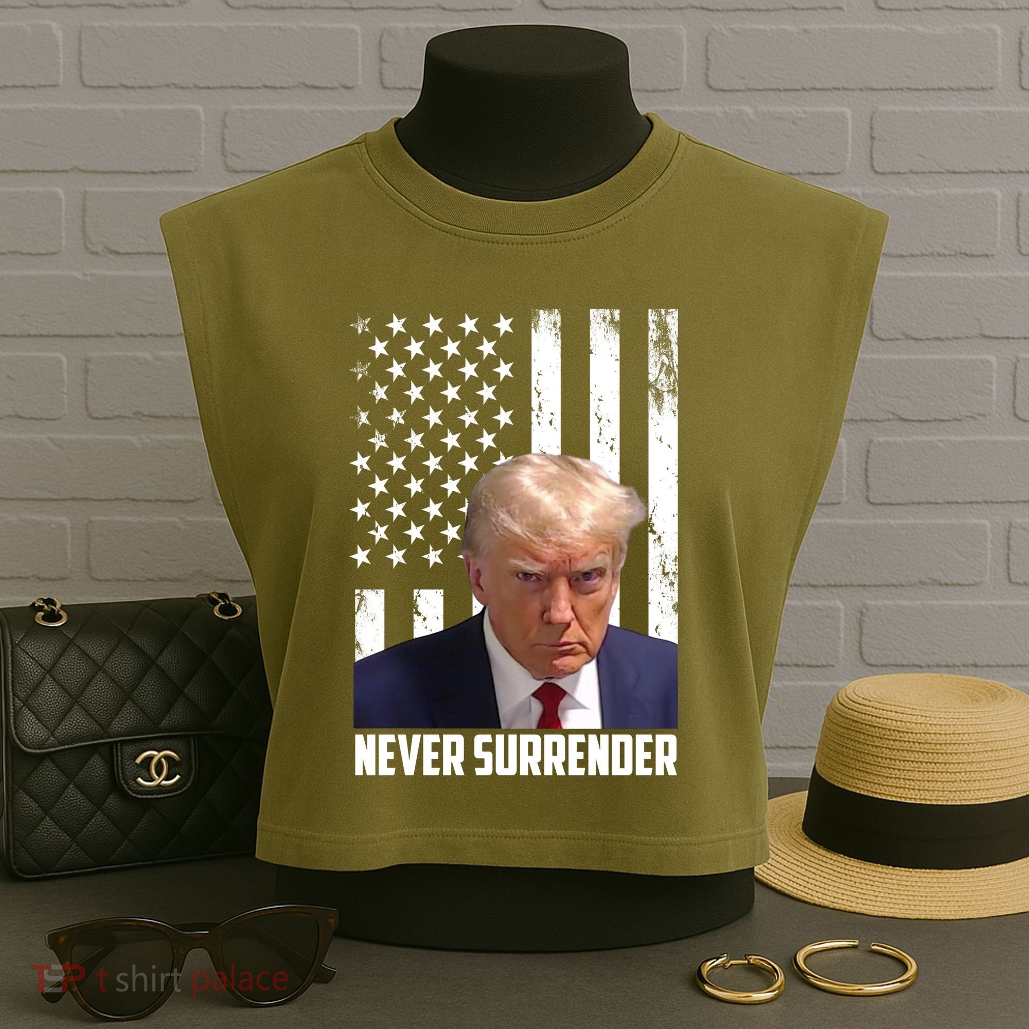 Never Surrender Donald Trump American Flag Mugshot Garment-Dyed Women's Muscle Tee