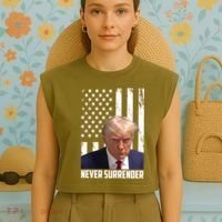 Never Surrender Donald Trump American Flag Mugshot Garment-Dyed Women's Muscle Tee thumb 4
