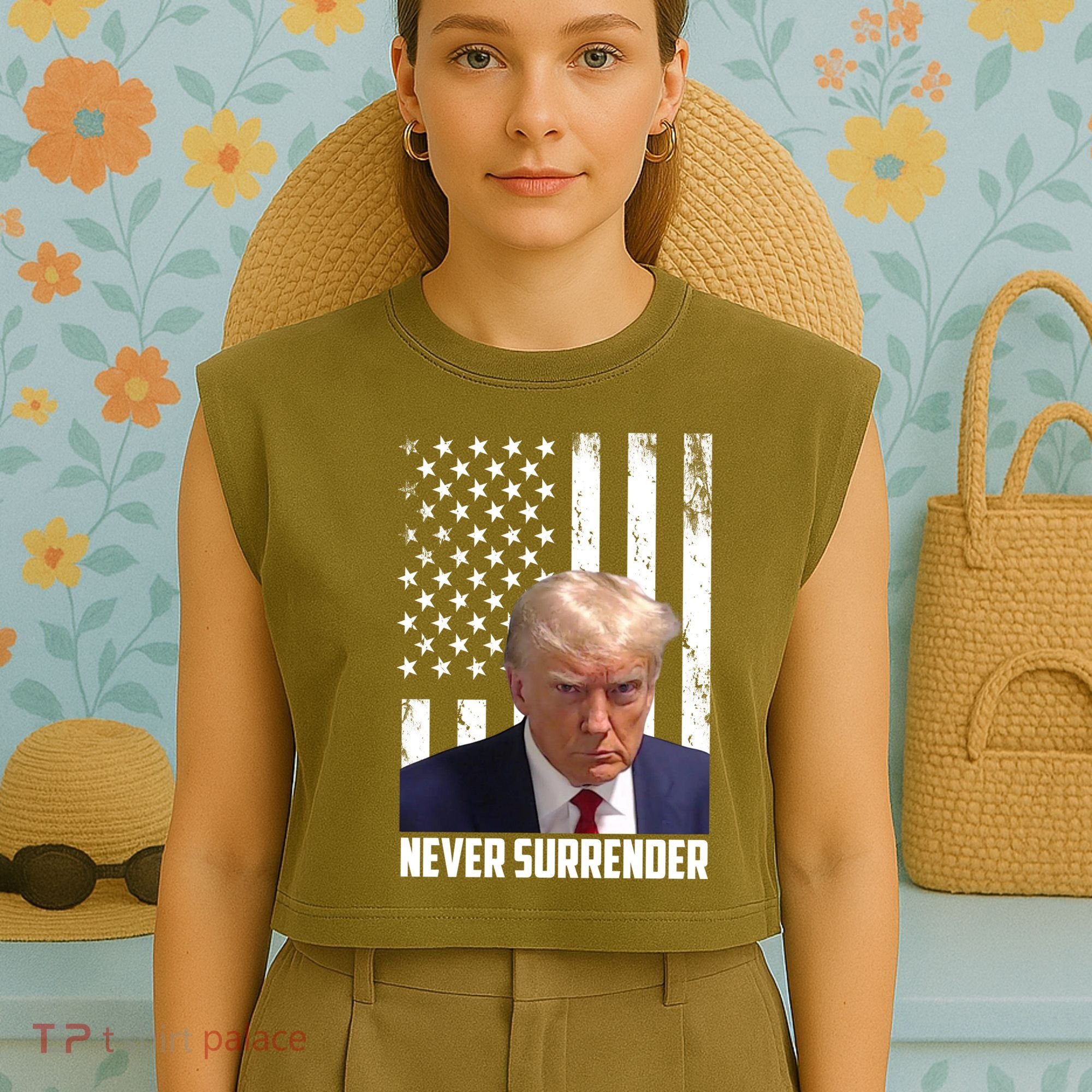 Never Surrender Donald Trump American Flag Mugshot Garment-Dyed Women's Muscle Tee