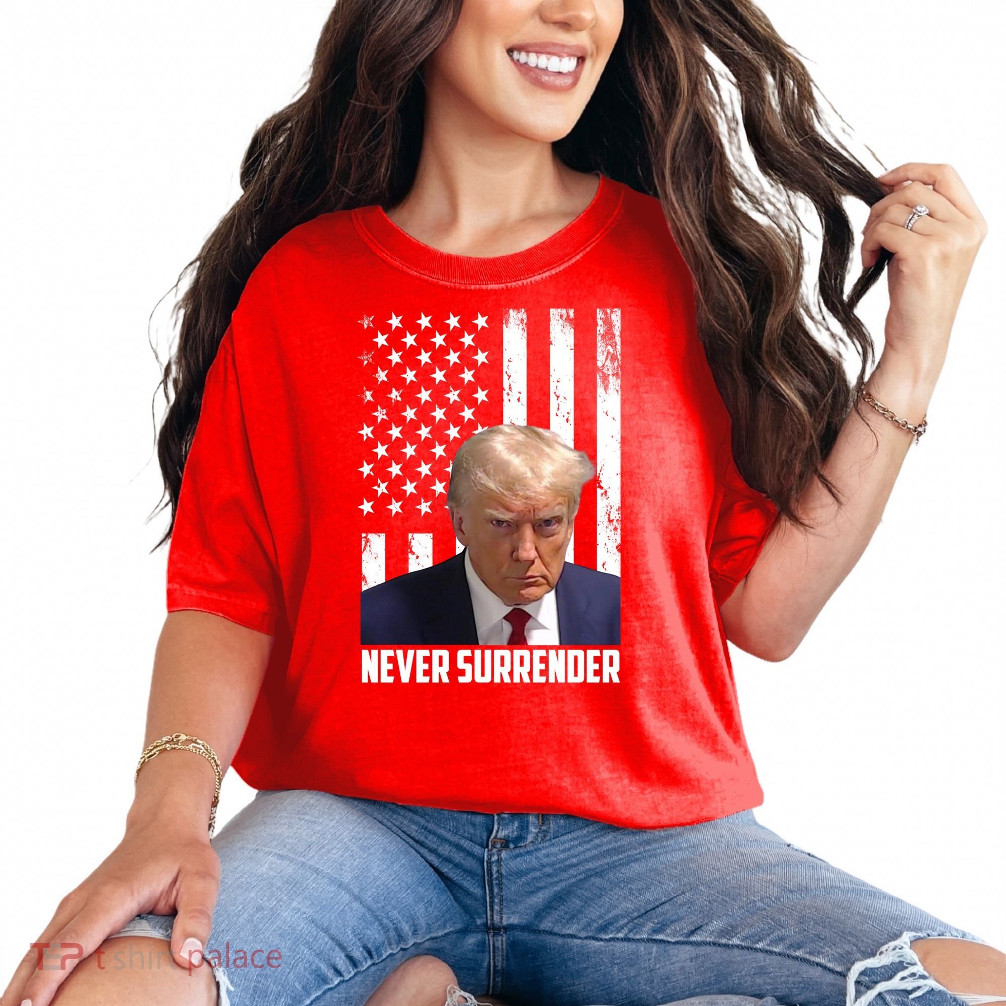 Never Surrender Donald Trump American Flag Mugshot Comfort Colors T-Shirt