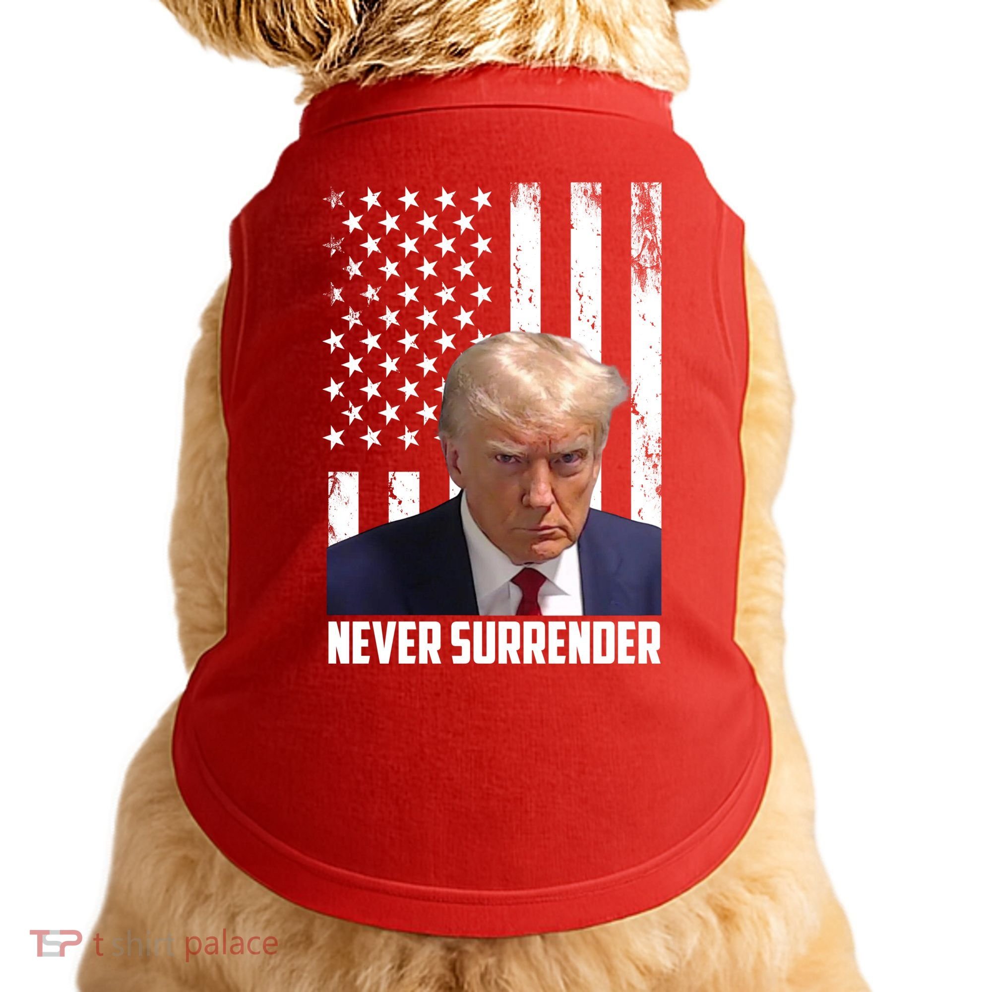 Never Surrender Donald Trump American Flag Mugshot Doggie Tank
