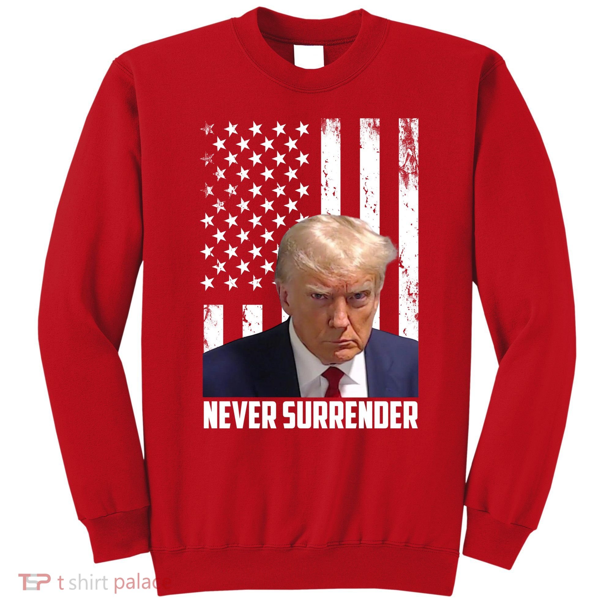 Never Surrender Donald Trump American Flag Mugshot Sweatshirt