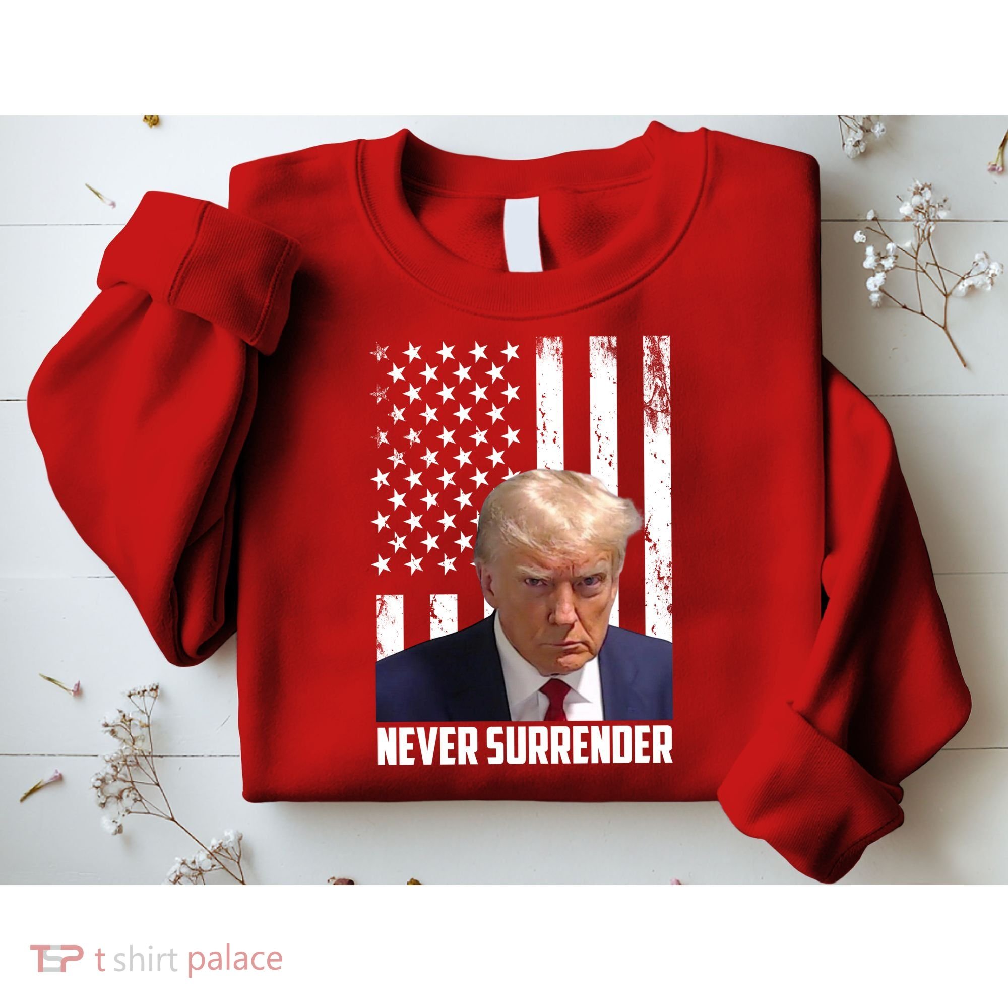 Never Surrender Donald Trump American Flag Mugshot Sweatshirt