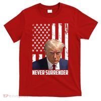 Never Surrender Donald Trump American Flag Mugshot T-Shirt thumb 0