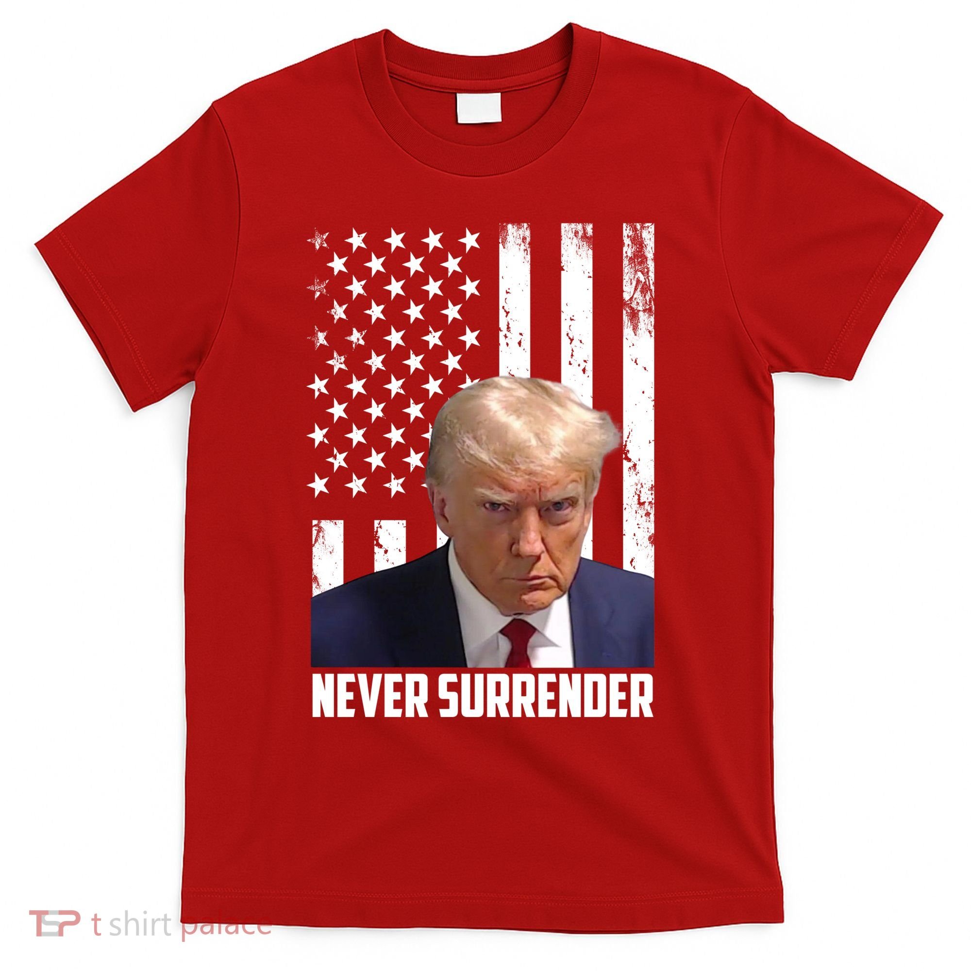 Never Surrender Donald Trump American Flag Mugshot T-Shirt