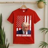 Never Surrender Donald Trump American Flag Mugshot T-Shirt thumb 2