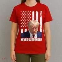 Never Surrender Donald Trump American Flag Mugshot T-Shirt thumb 4