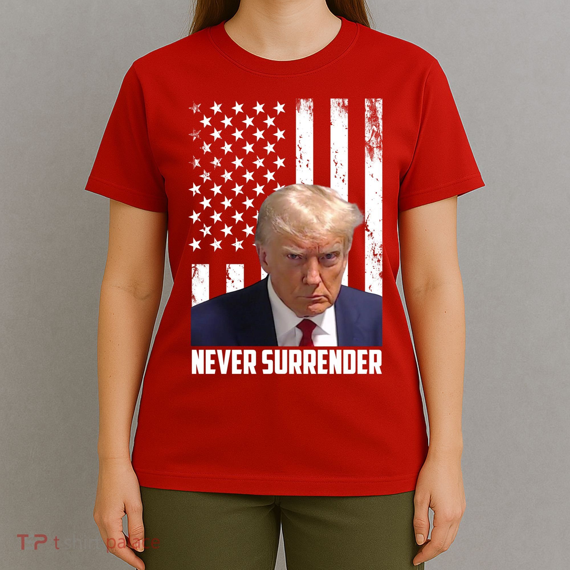 Never Surrender Donald Trump American Flag Mugshot T-Shirt