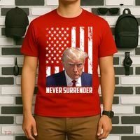 Never Surrender Donald Trump American Flag Mugshot T-Shirt thumb 6