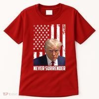 Never Surrender Donald Trump American Flag Mugshot Tall T-Shirt thumb 0
