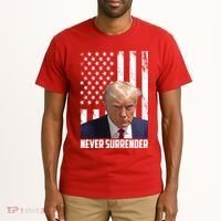 Never Surrender Donald Trump American Flag Mugshot Tall T-Shirt thumb 2
