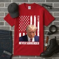 Never Surrender Donald Trump American Flag Mugshot Tall T-Shirt thumb 3