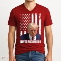 Never Surrender Donald Trump American Flag Mugshot V-Neck T-Shirt thumb 2