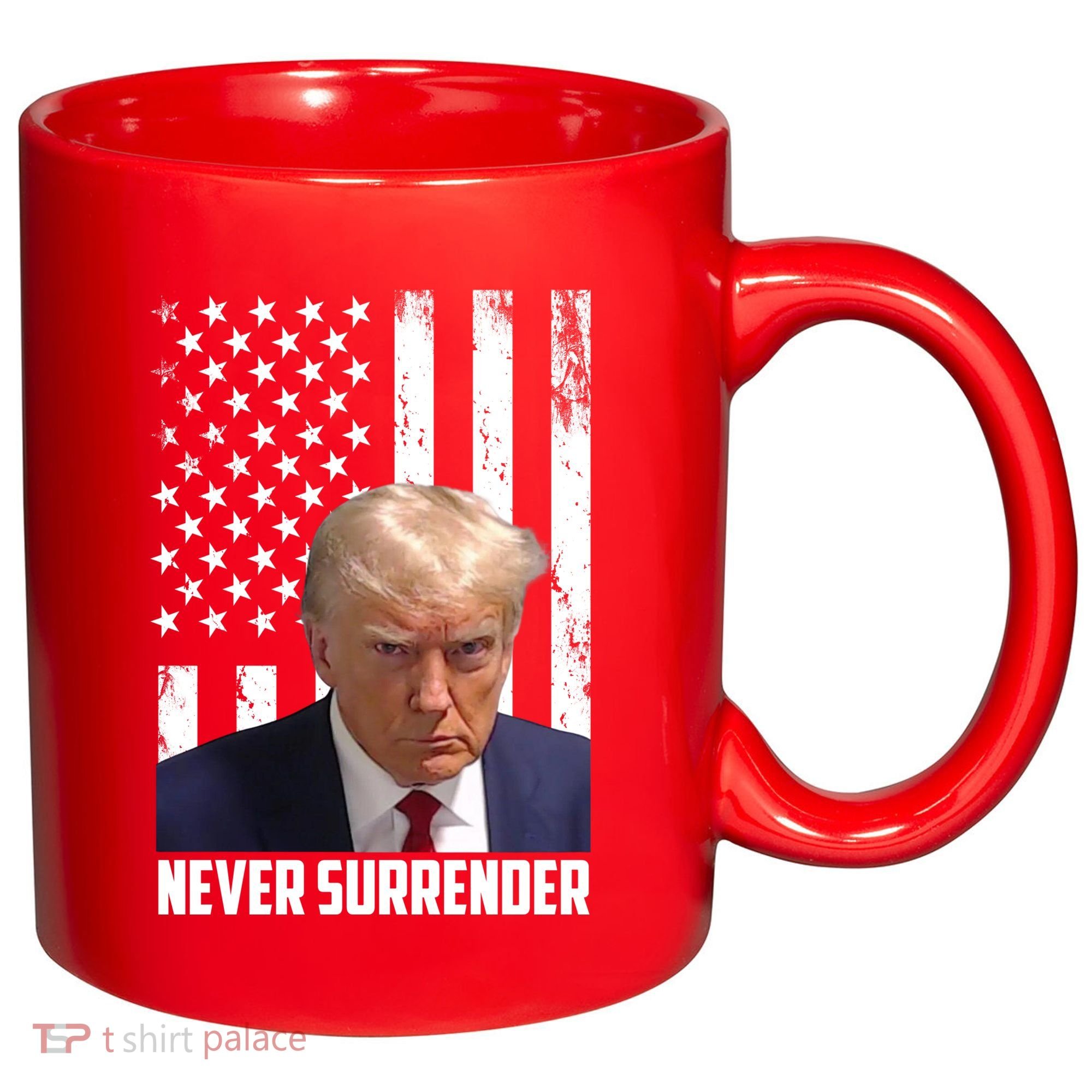 Never Surrender Donald Trump American Flag Mugshot 11oz C Handle Ceramic Mug