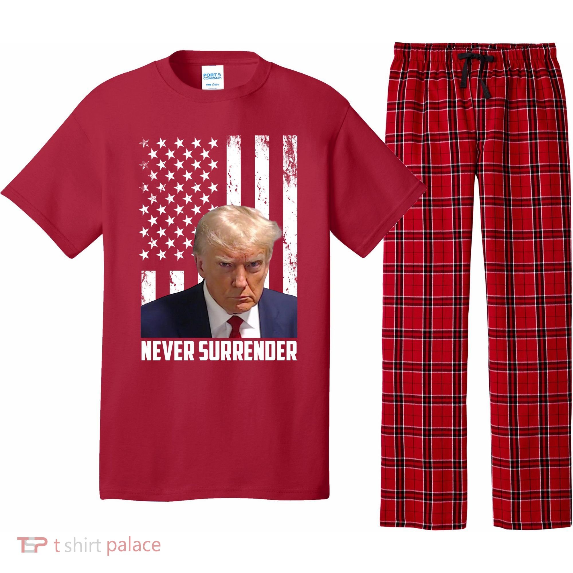 Never Surrender Donald Trump American Flag Mugshot Pajama Set