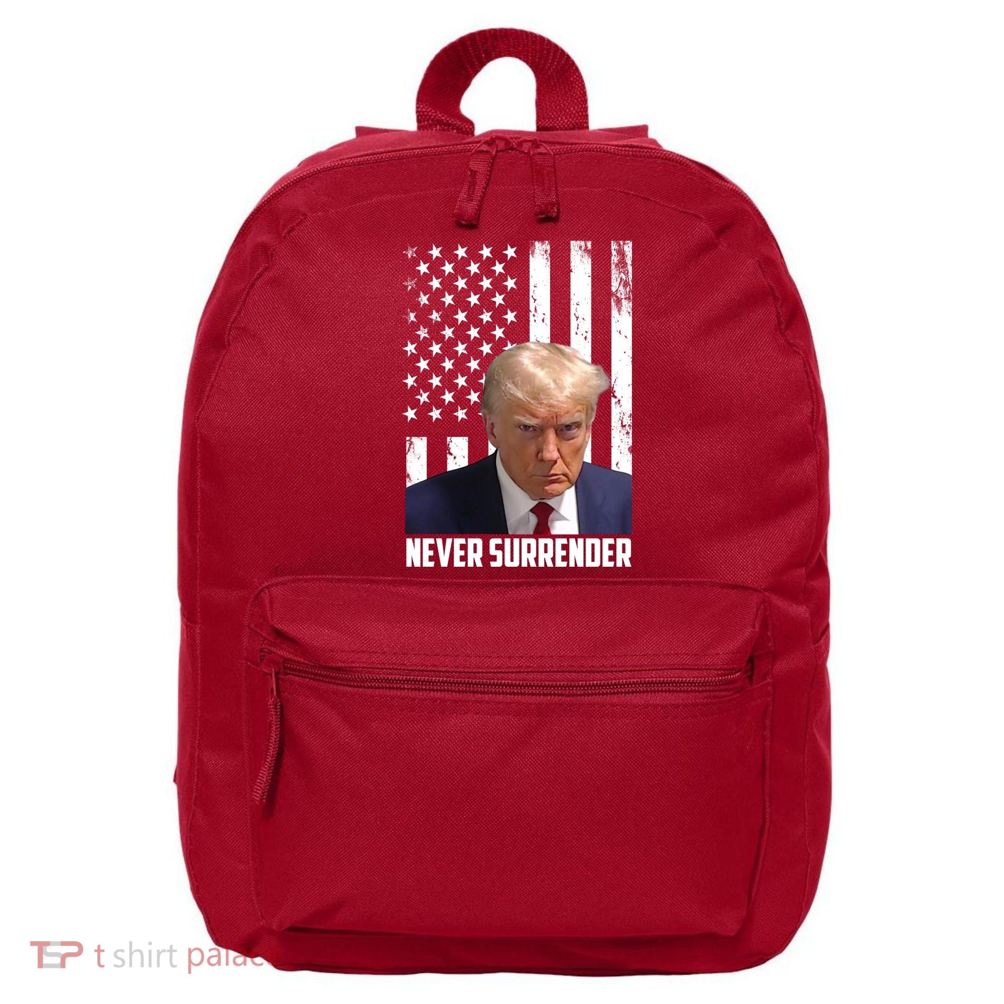 Never Surrender Donald Trump American Flag Mugshot 16 in Basic Backpack