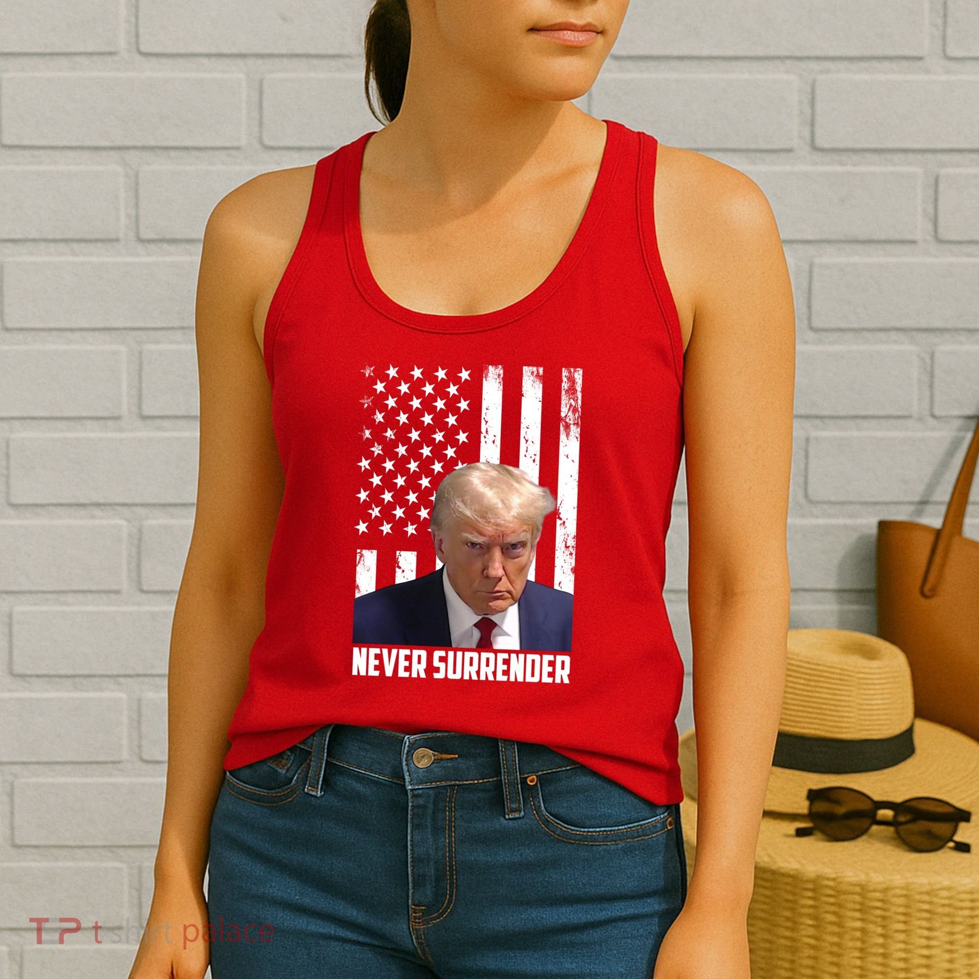 Never Surrender Donald Trump American Flag Mugshot Women's Tank Top
