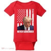 Never Surrender Donald Trump American Flag Mugshot Baby Bodysuit thumb 0