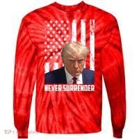 Never Surrender Donald Trump American Flag Mugshot Tie-Dye Long Sleeve Shirt thumb 0