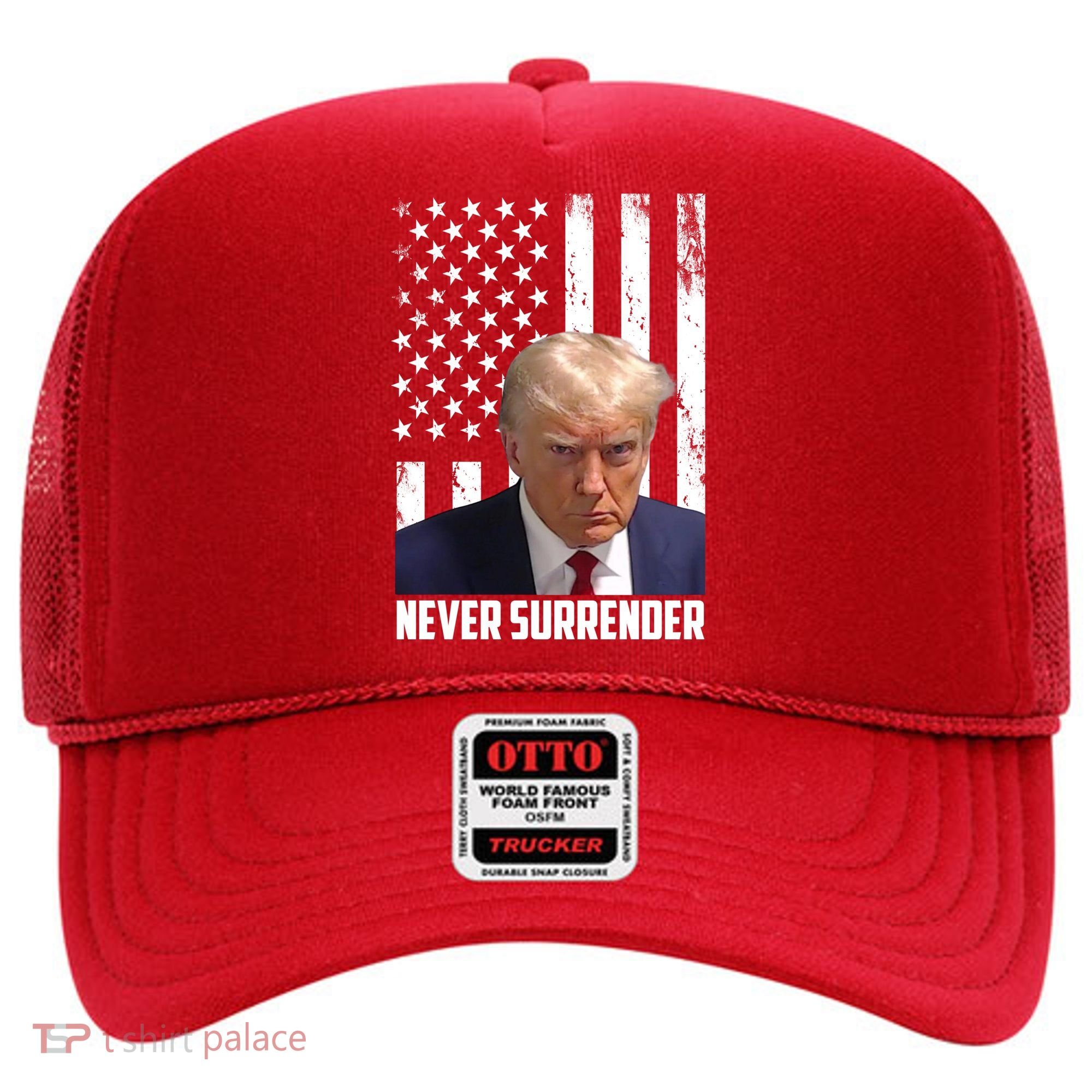 Never Surrender Donald Trump American Flag Mugshot Hat