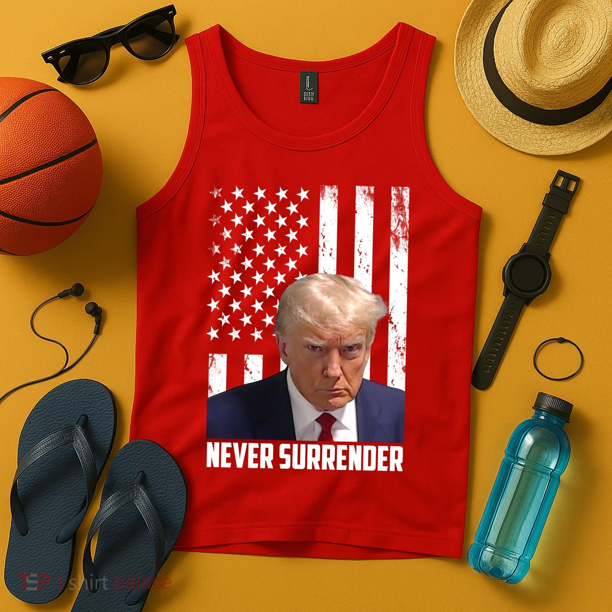 Never Surrender Donald Trump American Flag Mugshot Tank Top