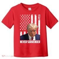 Never Surrender Donald Trump American Flag Mugshot Toddler T-Shirt thumb 0