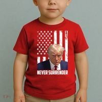 Never Surrender Donald Trump American Flag Mugshot Toddler T-Shirt thumb 2