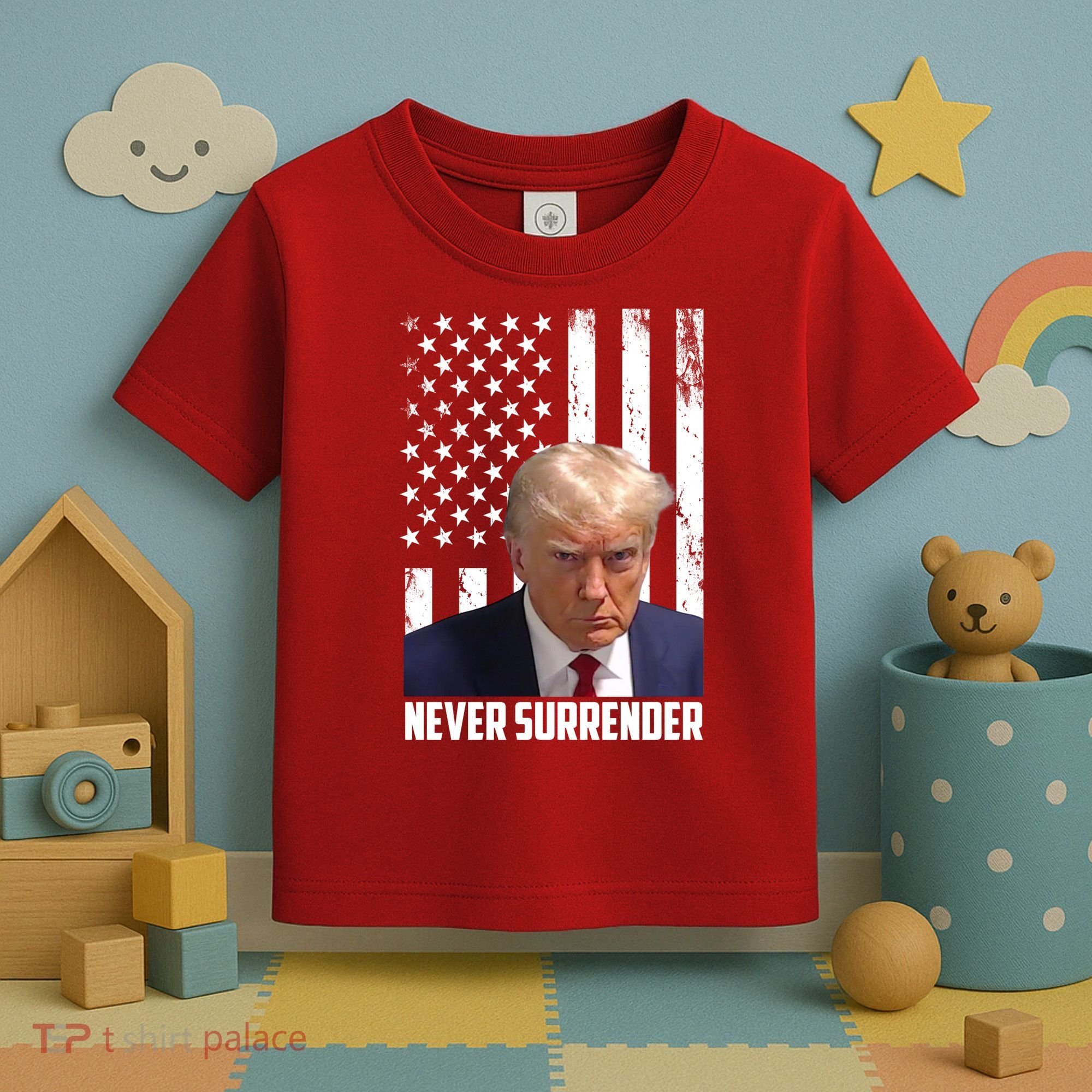 Never Surrender Donald Trump American Flag Mugshot Toddler T-Shirt