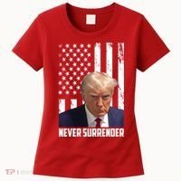 Never Surrender Donald Trump American Flag Mugshot Women's T-Shirt thumb 0