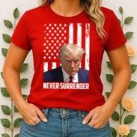 Never Surrender Donald Trump American Flag Mugshot Women's T-Shirt thumb 2