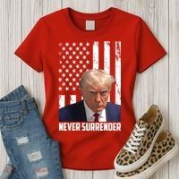 Never Surrender Donald Trump American Flag Mugshot Women's T-Shirt thumb 3