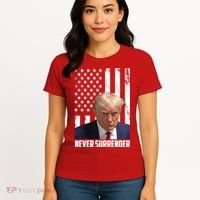 Never Surrender Donald Trump American Flag Mugshot Women's T-Shirt thumb 4