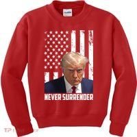 Never Surrender Donald Trump American Flag Mugshot Kids Sweatshirt thumb 0