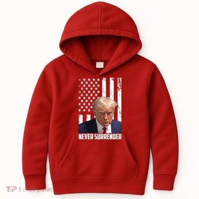 Never Surrender Donald Trump American Flag Mugshot Kids Hoodie