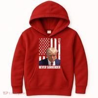 Never Surrender Donald Trump American Flag Mugshot Kids Hoodie thumb 0
